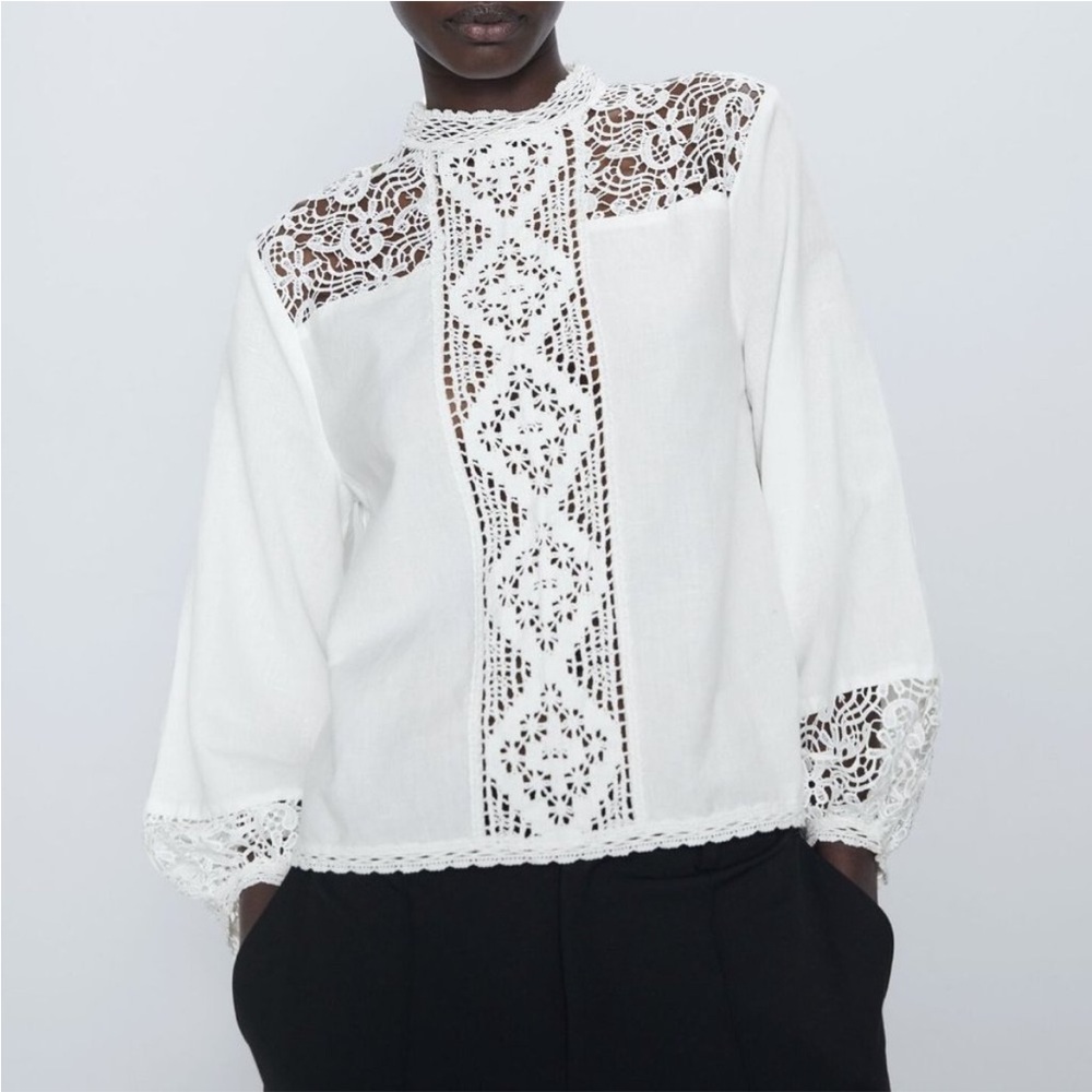 WOMEN ZARA COMBINATION LACE EMBROIDERED WHITE BLOUSE BOHO PEASANT SZ LG BRODERIE